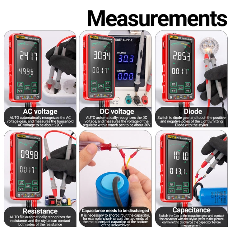 ANENG 683 Smart Touch Screen Automatic Range Rechargeable Multimeter, 683 Red, 683 Black