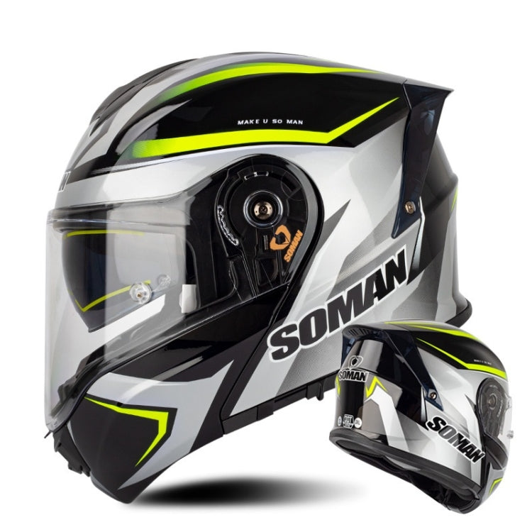 SOMAN Racing Motorcycle Double Lens Riding Safety Helmet, Size: XXL(Silver Gray Yellow Vision)