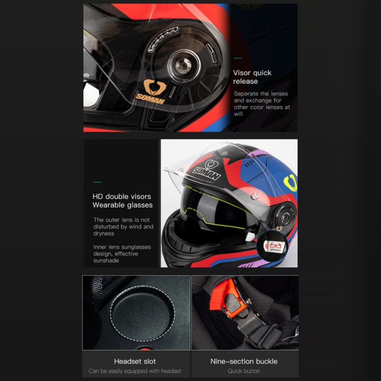 SOMAN Racing Motorcycle Double Lens Riding Safety Helmet, Size: L(Prince Charle Silver Gray)