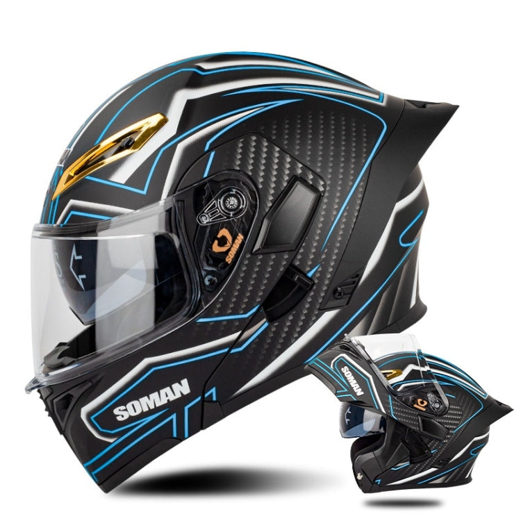 SOMAN Motorcycle Dual Lens Riding Peel-Off Full Coverage Helmet, Size: M(Matt Black Blue)