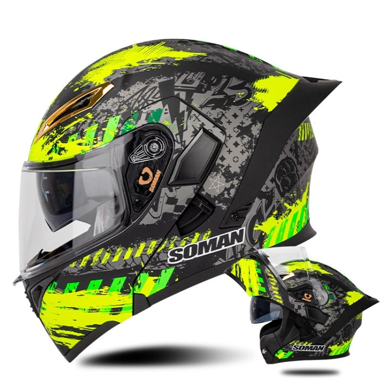 SOMAN Motorcycle Dual Lens Riding Peel-Off Full Coverage Helmet, Size: XL(Black Fluorescent Yellow Spark)
