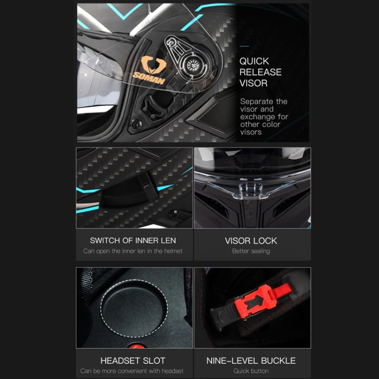 SOMAN Motorcycle Dual Lens Riding Peel-Off Full Coverage Helmet, Size: L(Bright Black Green)