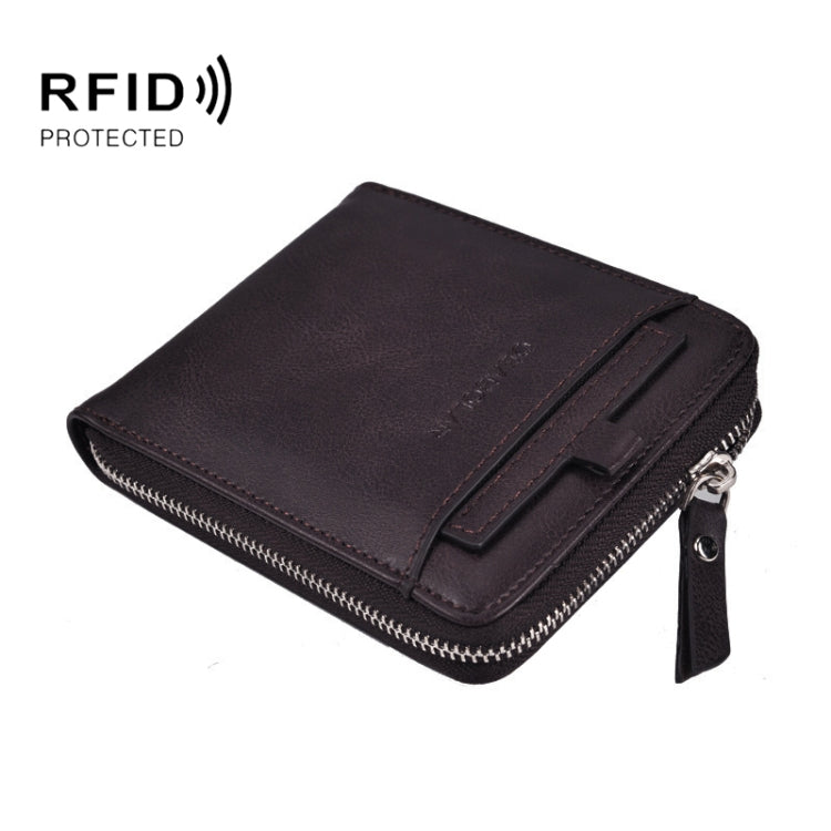 DEABOLAR Men Short Type PU Wallet Retro Zipper RFID Antimagnetic Card Holder(Dark Coffee)