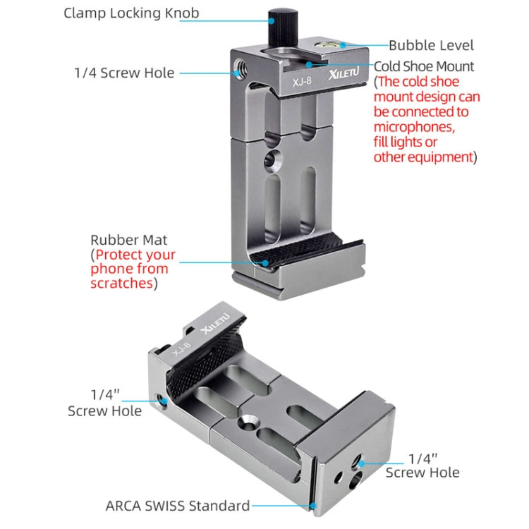 XILETU XJ-8 Aluminum Alloy Camera Head Tripod Mobile Phone Clip