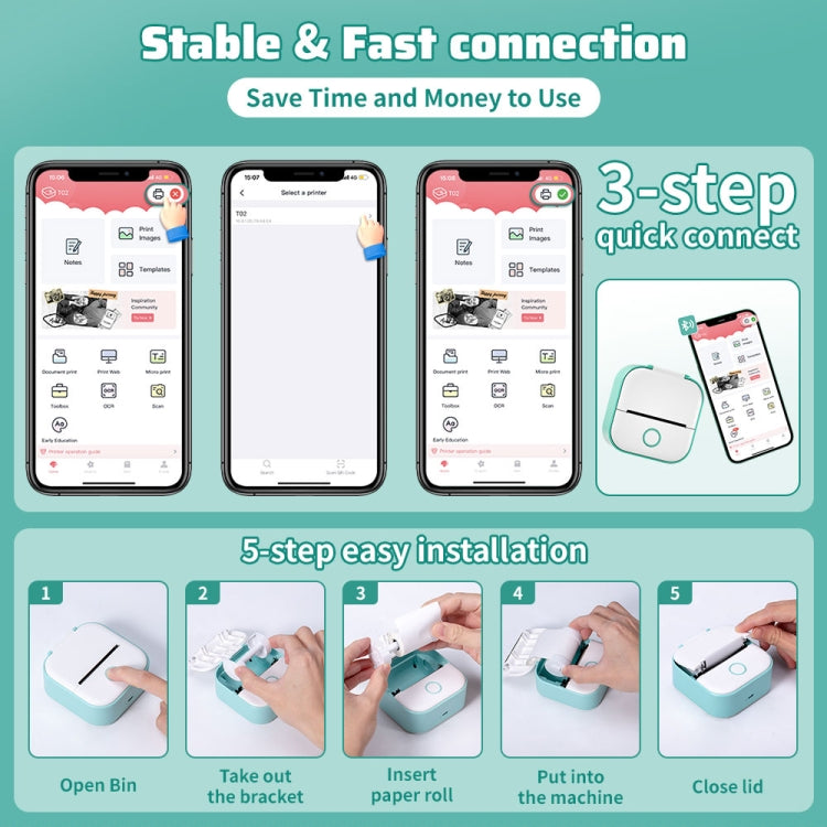 Phomemo T02 Standard Error Mini Pocket Small Portable Bluetooth Phone Photo Label Thermal Printer(White Green)