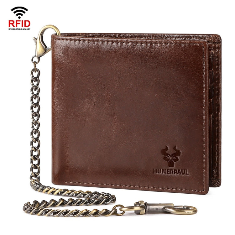 HUMERPAUL RFID Anti-Magnetic Men Pickup Card Bag Metal Chain Short Leather Wallet, Color: Coffee