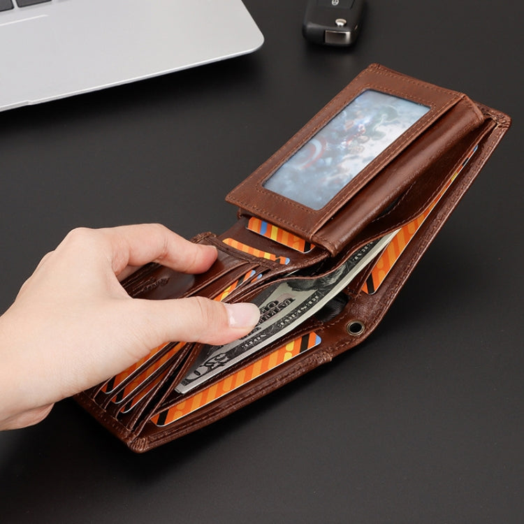 HUMERPAUL RFID Anti-Magnetic Men Pickup Card Bag Metal Chain Short Leather Wallet, Color: Coffee