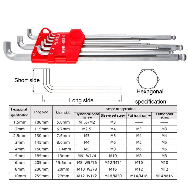 9pcs/set HSD HSS-9 Long Version Short-Side Ball-End Hexagon Wrench Set Tools