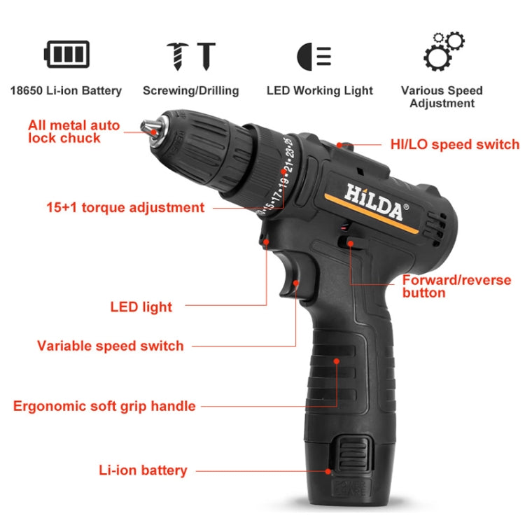 HILDA Home Power Drill 12V Li-Ion Drill With Charger And Battery, EU Plug, Model: Plastic Packing