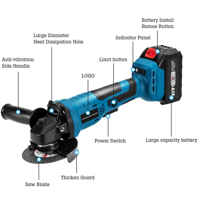 HILDA 21V Brushless Angle Grinder Lithium Cutting Machine, Model: 1 Battery+1 Charger EU Plug