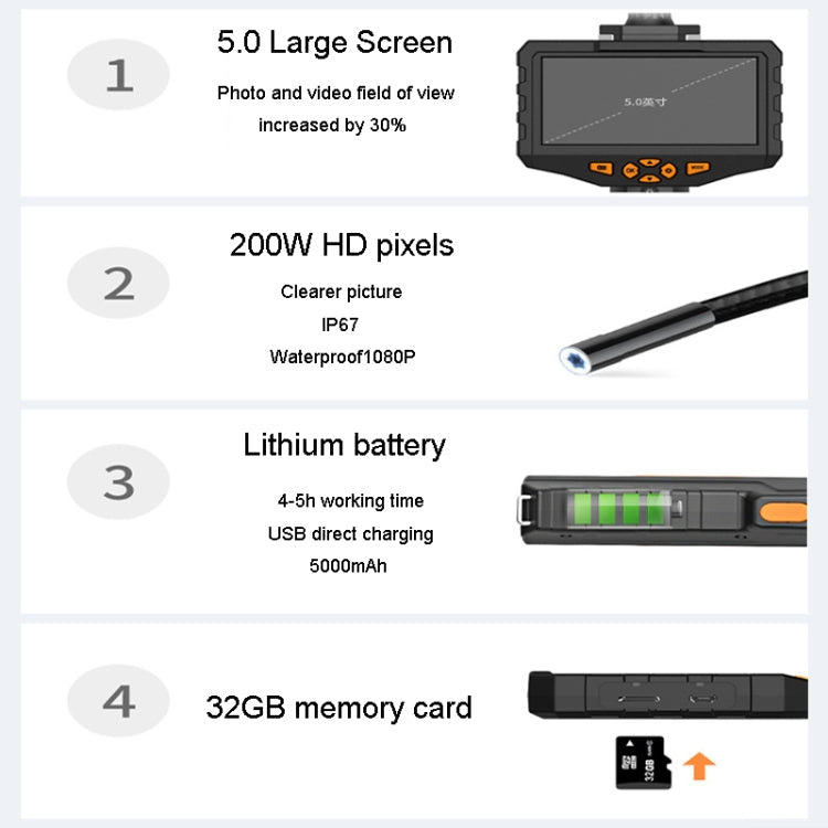 Teslong NTS300 5.5mm-1M Dual Lens Waterproof 5 Inch HD Industrial Borescope Auto Repair Tools