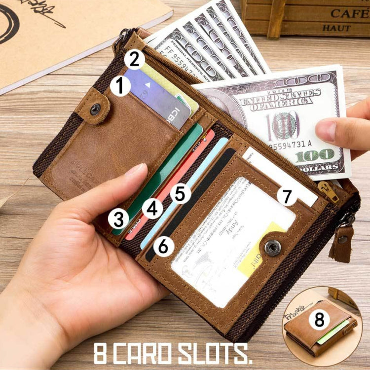 BULL CAPTAIN QB06 Retro First-layer Cowhide Anti-theft Zipper Wallet Short Drive License Coin Clip(Claret)