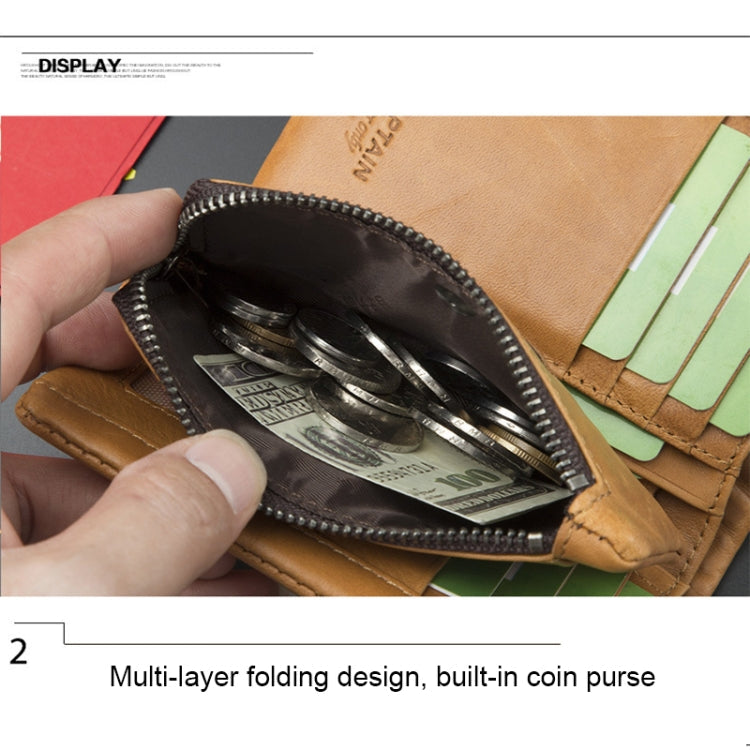 BULL CAPTAIN 03 Large-capacity Folding Multi-card Slot Cowhide Zipper Wallet Coin Clip(Yellow Brown)