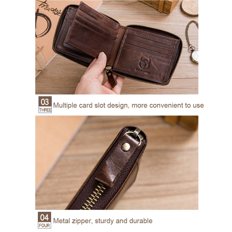 BULL CAPTAIN 042 RFID Anti-theft Cowhide Multi-card Slot Business Card Holder Zipper Wallet(Coffee)