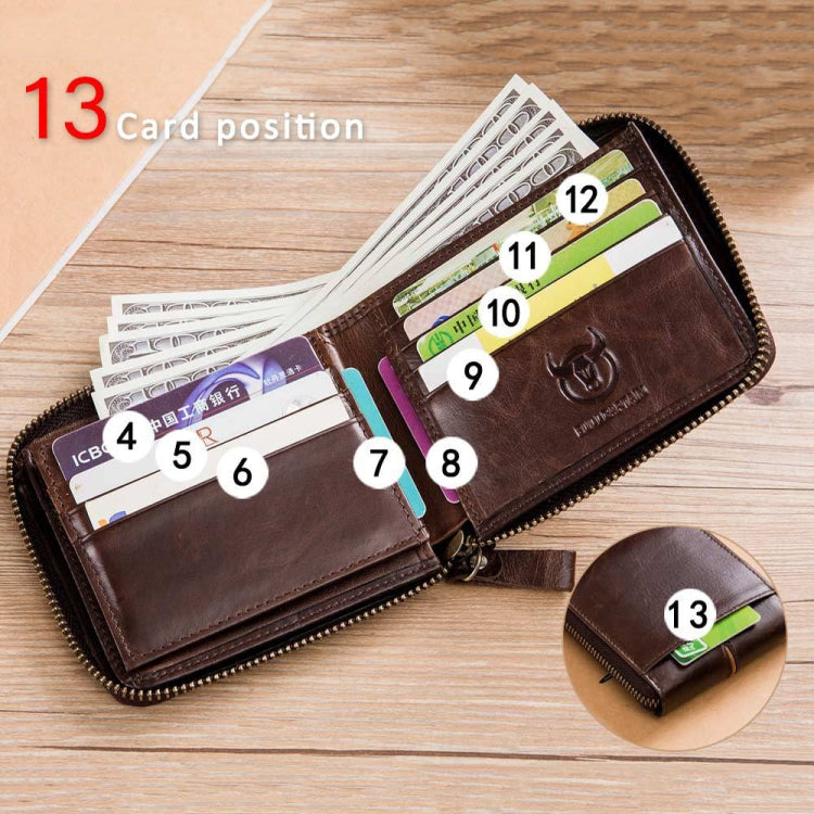 BULL CAPTAIN 042 RFID Anti-theft Cowhide Multi-card Slot Business Card Holder Zipper Wallet(Yellow Brown)