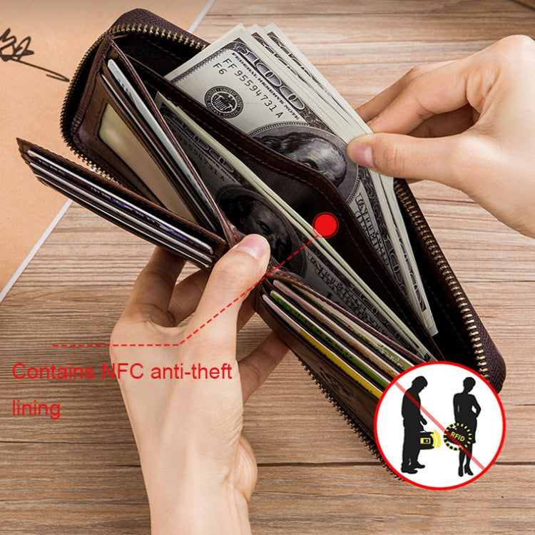 BULL CAPTAIN 042 RFID Anti-theft Cowhide Multi-card Slot Business Card Holder Zipper Wallet(Yellow Brown)