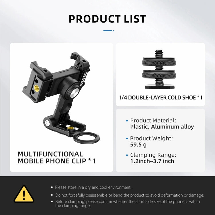 Telesin  Mobile Phone Clip 360 Degree Rotating Desktop Bracket With Cold Shoe Mount(Black)