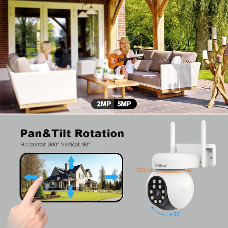 SriHome SH052 Wifi 5MP Wireless PTZ IP AI Auto Tracking Sound&Light Alarm Starlight Color Night Vision Outdoors Surveillance Camera, Plug: AU