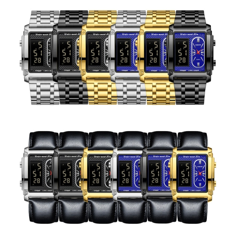 BINBOND B2311 30m Waterproof Men LED Luminous Multifunctional Quartz Watch, Black Steel-Black