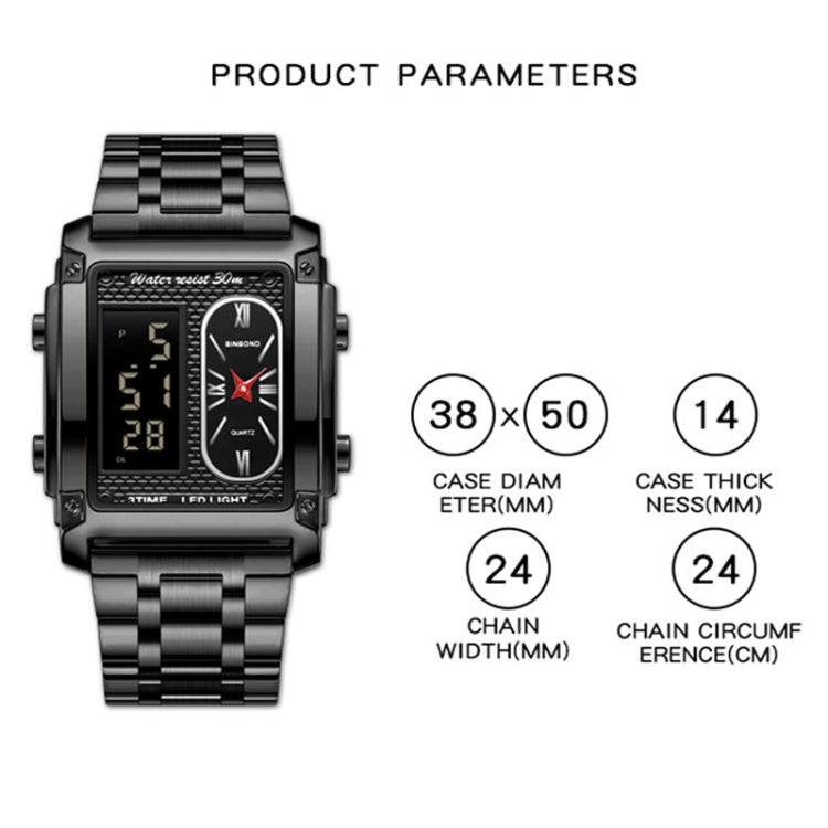 BINBOND B2311 30m Waterproof Men LED Luminous Multifunctional Quartz Watch, Black Steel-Black