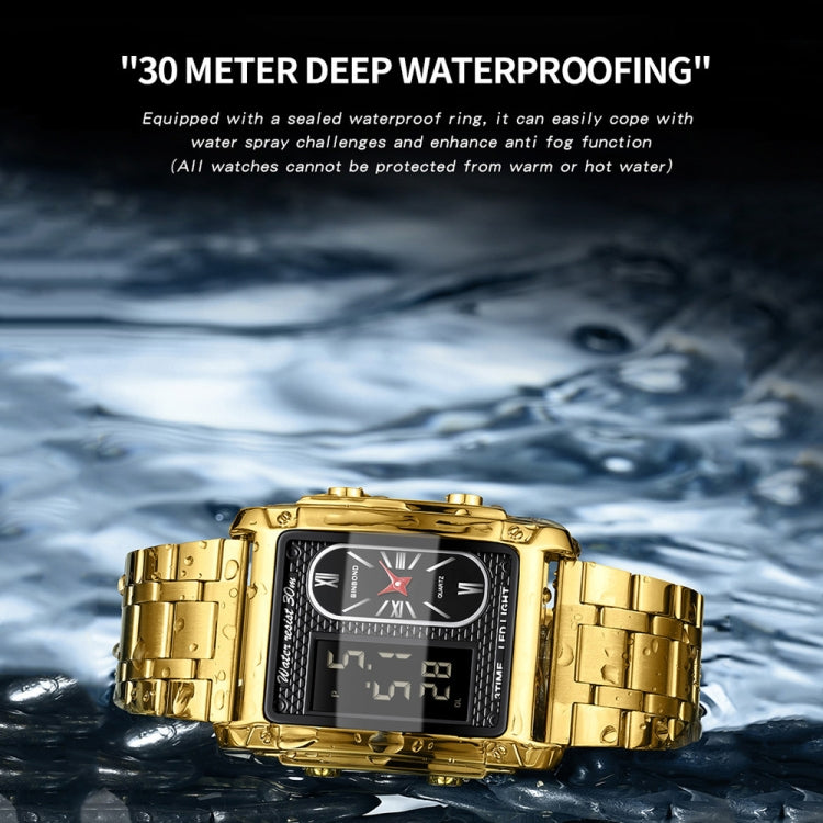 BINBOND B2311 30m Waterproof Men LED Luminous Multifunctional Quartz Watch, Black Steel-Black