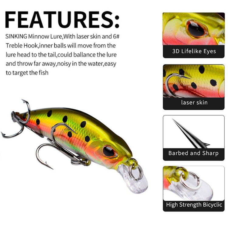 PROBEROS DW578 Ordinary Hook 5.3cm 4.6g Sinking Minnow Lure Long Casting Bionic Plastic Hard Bait Fishing Tackle(Color F)