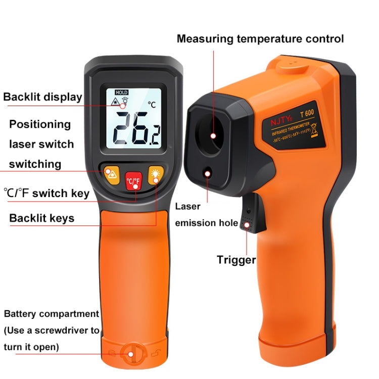 NJTY Digital Display High-Precision Infrared Thermometer For Bakery Kitchen Industry, Spec: T600A (Adjustable)