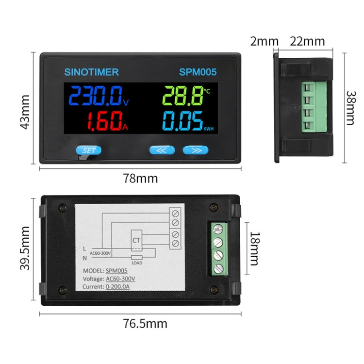 SINOTIMER SPM005 AC Digital Display Voltage Current Power Electricity Multifunctional Monitoring Meter, Specification: 20A