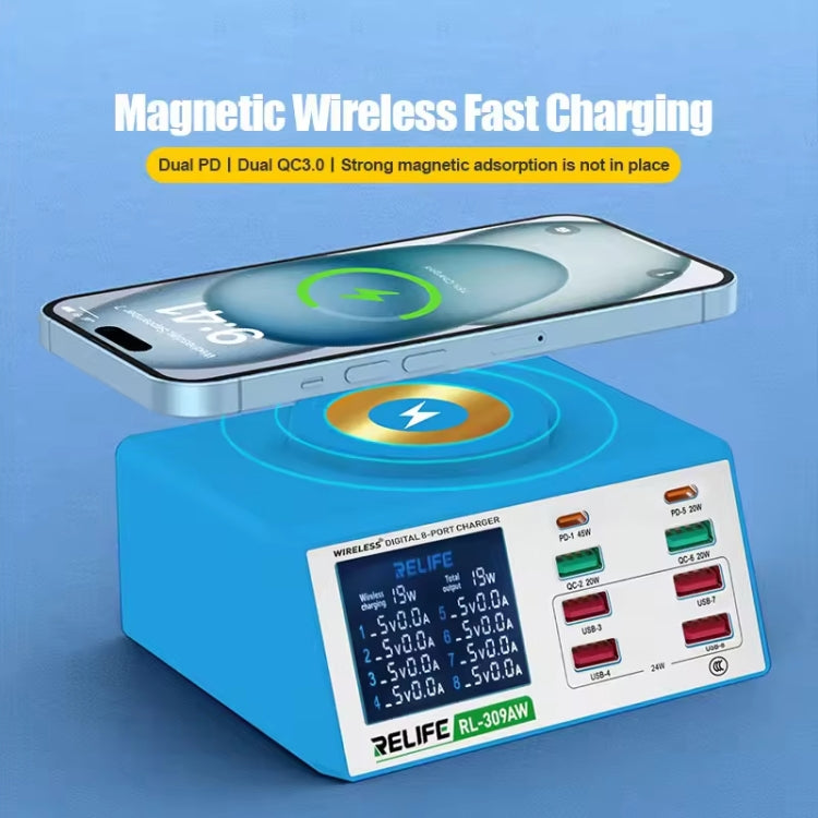 RELIFE RL-309AW  QC3.0 PD Fast Wireless Charger With LCD Display 8 Ports(EU Plug)