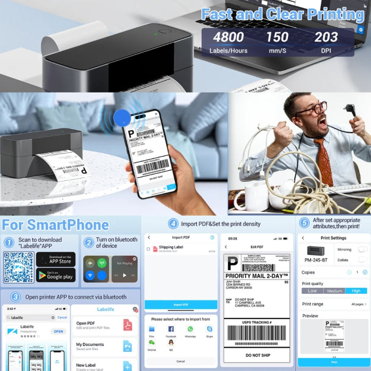 Phomemo PM245-BT Bluetooth Shipping Label Printer Support Labels Width  1- 4.6 Inch(EU Plug)