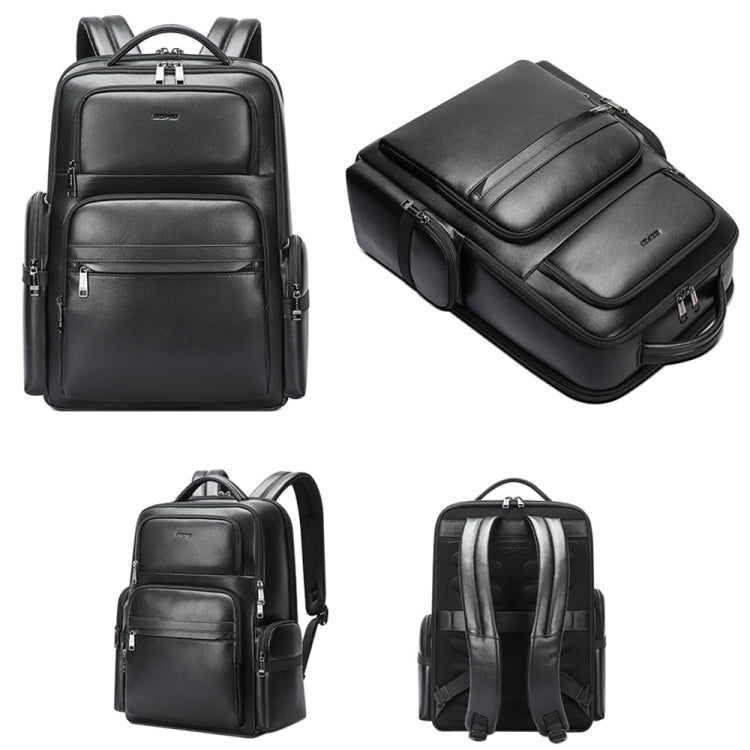 Bopai 61-98611 Large-capacity Waterproof First-layer Cowhide Laptop Backpack With USB+Type-C Port(Black)