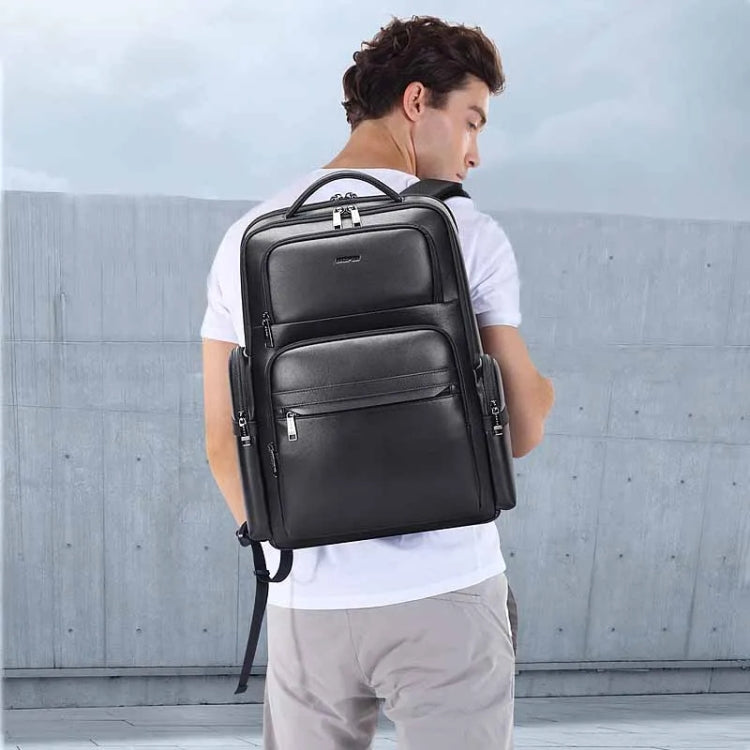 Bopai 61-98611 Large-capacity Waterproof First-layer Cowhide Laptop Backpack With USB+Type-C Port(Black)