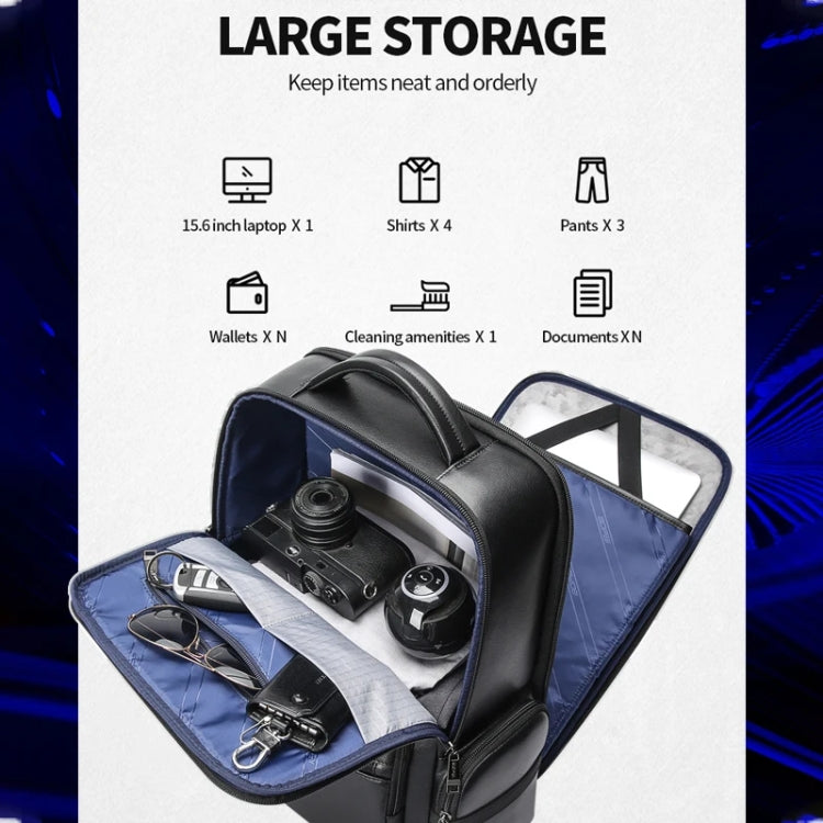 Bopai 61-98611 Large-capacity Waterproof First-layer Cowhide Laptop Backpack With USB+Type-C Port(Black)