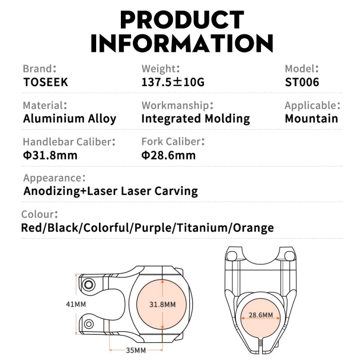 TOSEEK 35mm Aluminum Alloy Stem Bicycle Modification Accessories, Color: Orange