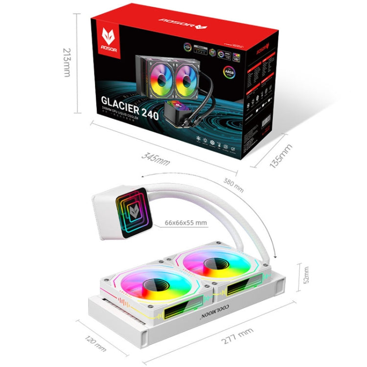 COOLMOON Glacier 240 Water Cooling Radiator Desktop ARGB Multi-Platform Integrated Lens CPU Water Cooling Fan, Color: White