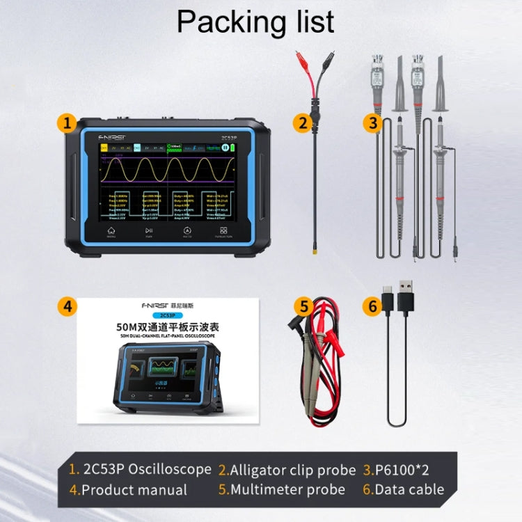 FNIRSI 2C53P Dual Channel Flat Panel Digital Oscilloscope Multimeter Signal Generator 3 In 1(Black)