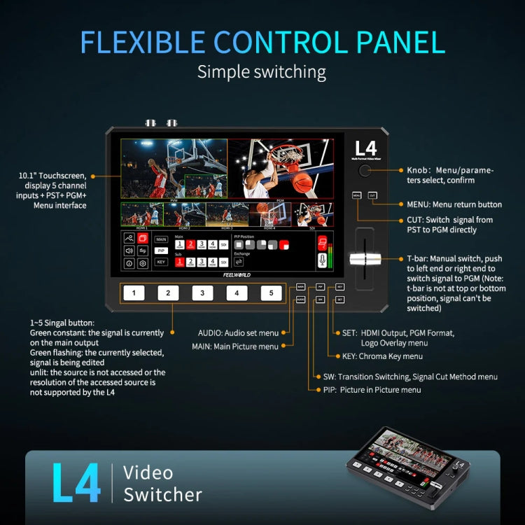 FEELWORLD L4 Multi-Camera Video Mixer Switcher 10.1" Touch Screen USB 3.0 Fast Streaming(EU Plug)