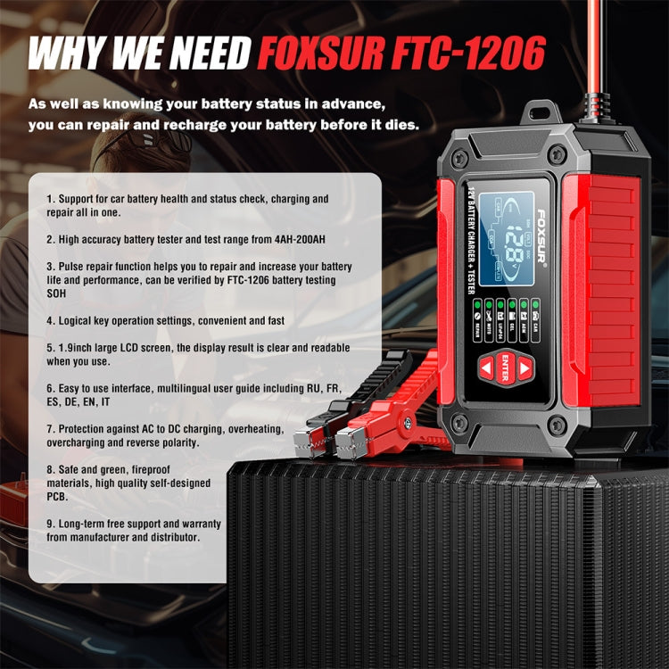 FOXSUR Cars Motorcycles 12V Lithium Cattery Charger With Battery Detection(EU Plug)