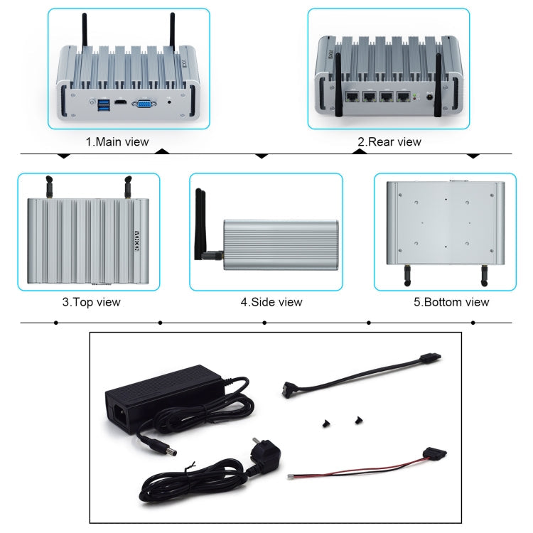 HYSTOU P09B-J4125-4L 8GB DDR4+128GB SSD Industrial Computer Soft Route From 2.5G Multi -Network HTPC Server Mini Console(With UK Adapter)