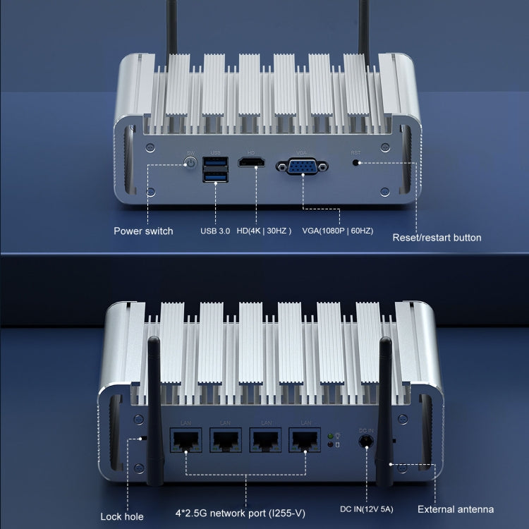 HYSTOU P09B-J4125-4L 8GB DDR4+128GB SSD Industrial Computer Soft Route From 2.5G Multi -Network HTPC Server Mini Console(With EU Adapter)