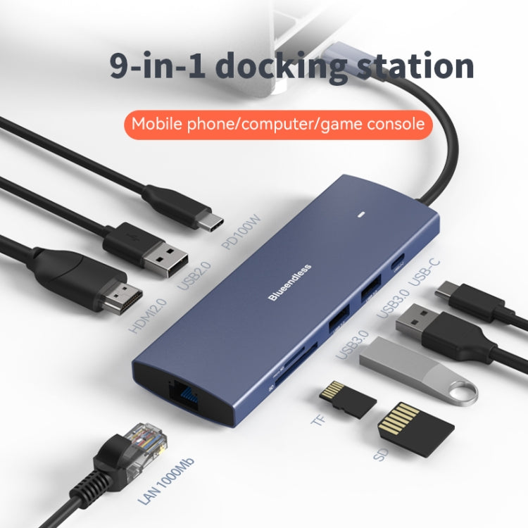 Blueendless 4K60Hz + Gigabit LAN + Data Type-C Docking Station, Spec: 6-in-1 Blue