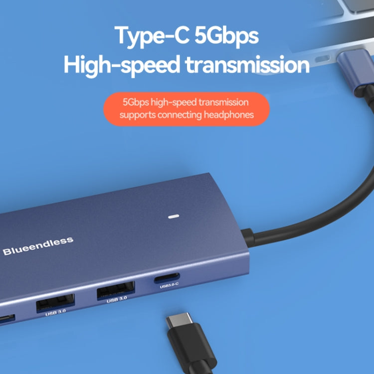 Blueendless 4K60Hz + Gigabit LAN + Data Type-C Docking Station, Spec: 6-in-1 Blue