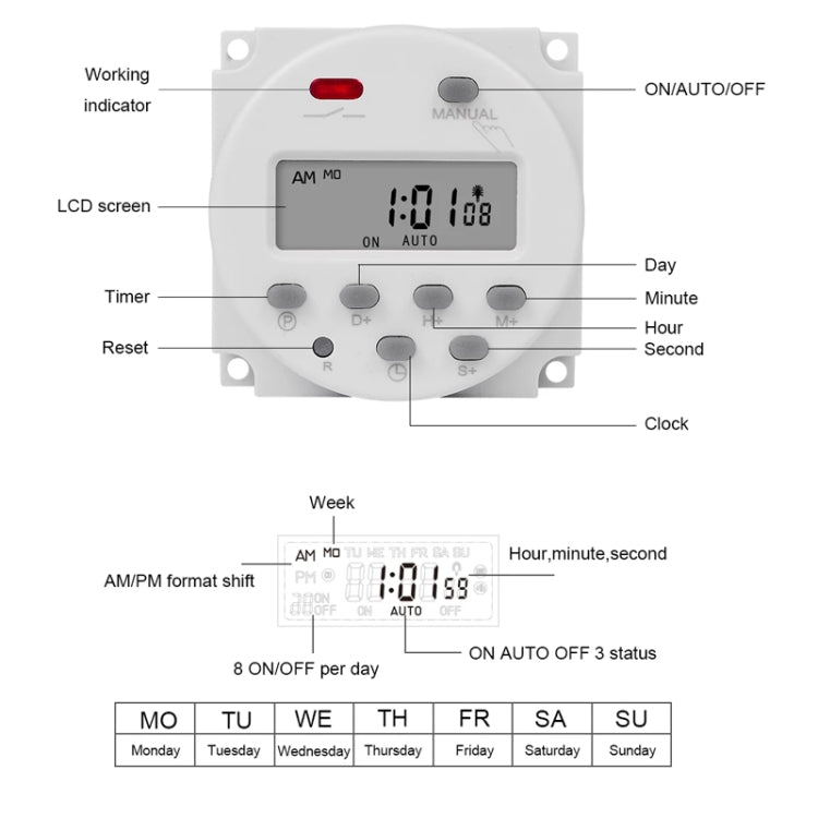 SINOTIMER CN101S-2 220V 1 Second Interval Digital LCD Timer Switch 7 Days Weekly Programmable Time Relay