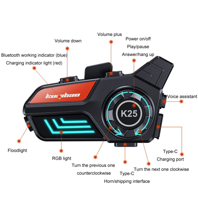 KUQIBAO Motorcycle Helmet Waterproof Bluetooth-compatible Headset With Light(Hard Microphone)