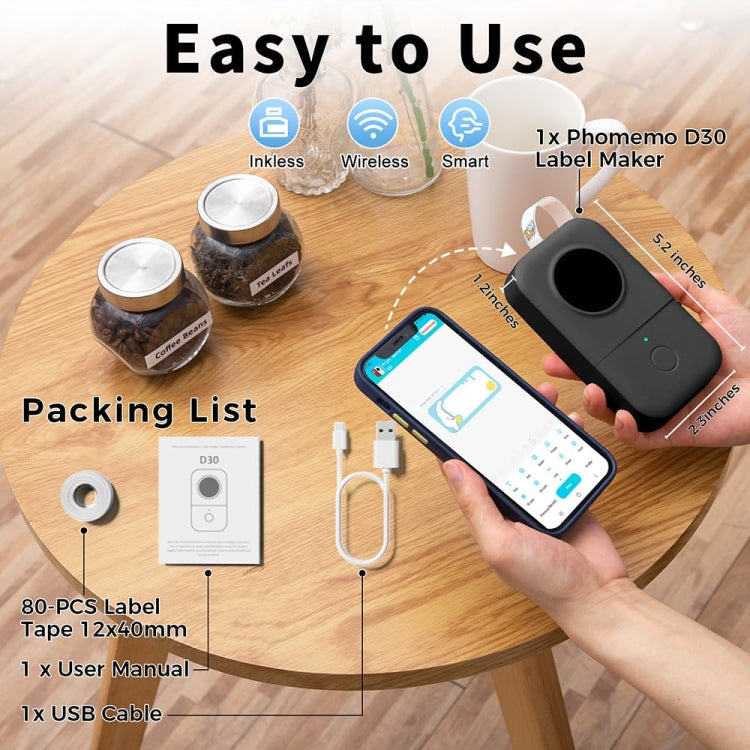 Phomemo D30 Thermal Label Printer Portable Bluetooth Mini Label Maker Machine With 1 Roll Paper Gray