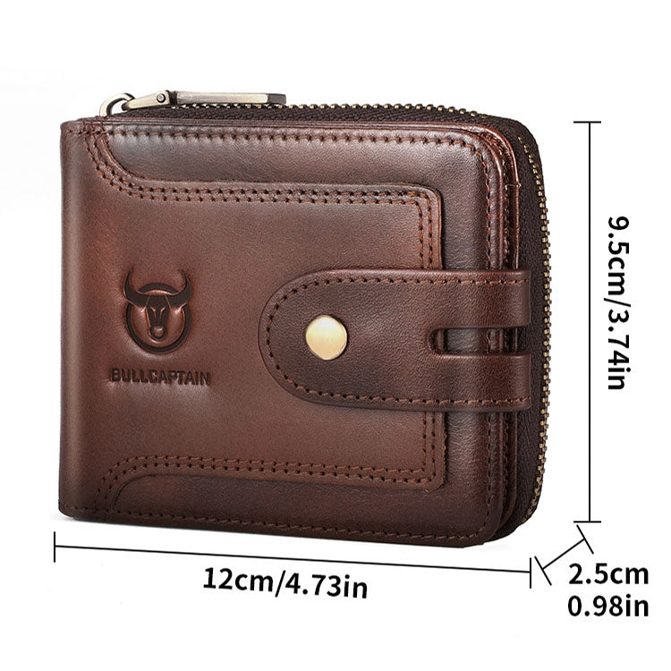 BULL CAPTAIN 232 RFID Anti-Theft Cowhide Men Zipper Wallet Vintage Business Card Holder(Coffee)