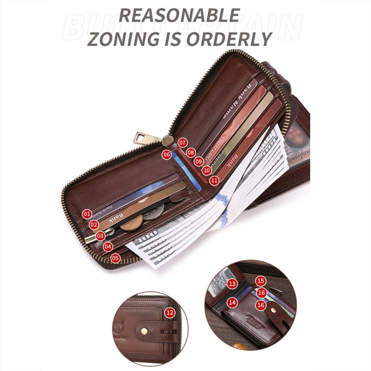 BULL CAPTAIN 232 RFID Anti-Theft Cowhide Men Zipper Wallet Vintage Business Card Holder(Black)