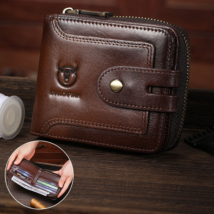 BULL CAPTAIN 232 RFID Anti-Theft Cowhide Men Zipper Wallet Vintage Business Card Holder(Coffee)
