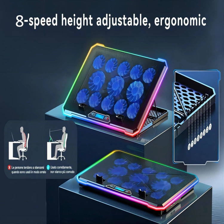 ICE COOREL K15C Smart Adjustable Laptop Radiator Base With RGB Lighting Effect, Color: 13 Fans