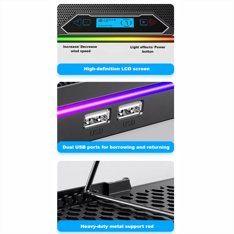 ICE COOREL K15C Smart Adjustable Laptop Radiator Base With RGB Lighting Effect, Color: 13 Fans